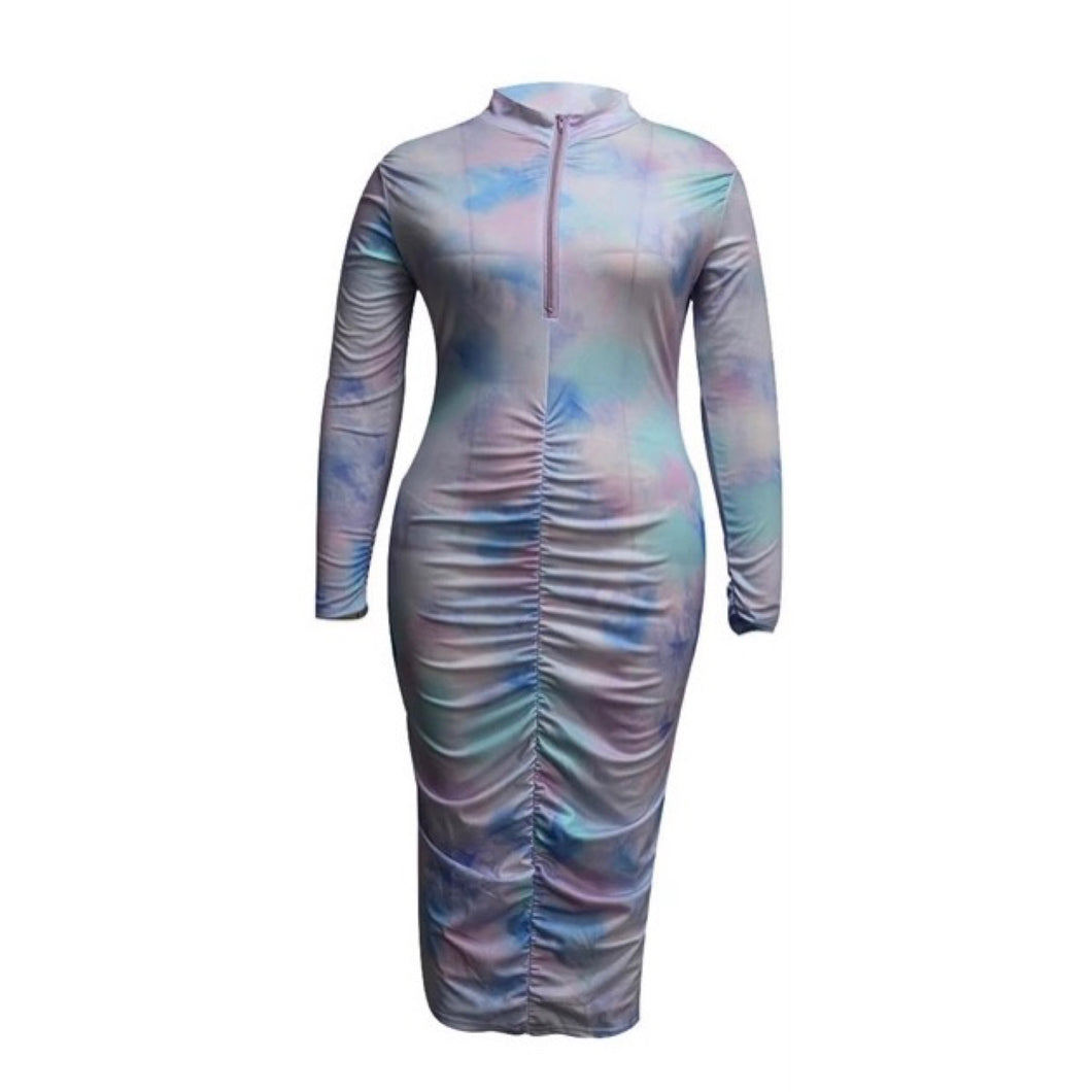 Ruched Sky Tie-Dye Dress